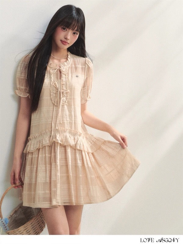 AsGony ASG25212 Plaid ruffle edge puffy sleeve dress