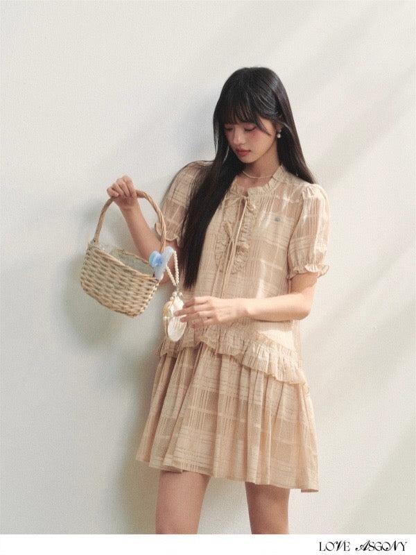 AsGony ASG25212 Plaid ruffle edge puffy sleeve dress