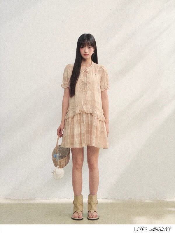 AsGony ASG25212 Plaid ruffle edge puffy sleeve dress