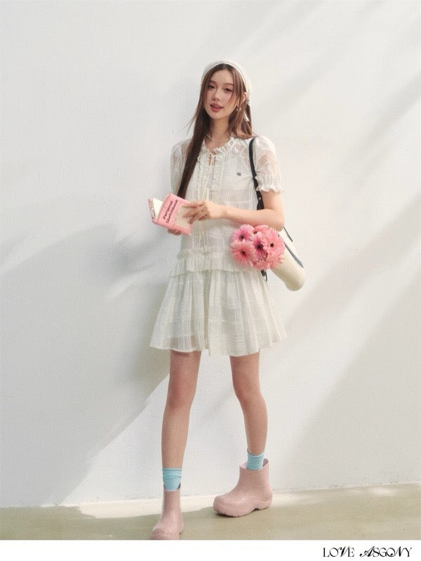 AsGony ASG25212 Plaid ruffle edge puffy sleeve dress