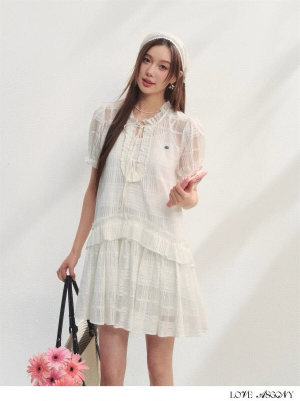 AsGony ASG25212 Plaid ruffle edge puffy sleeve dress