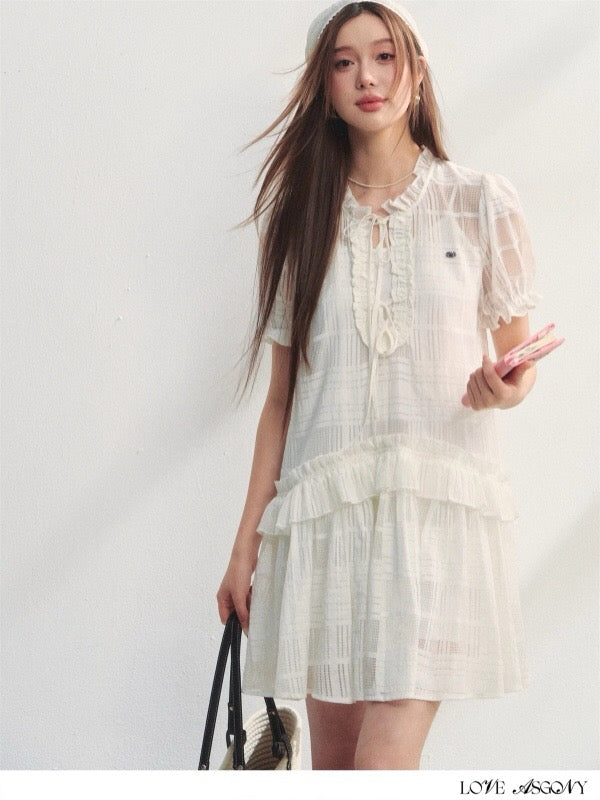 AsGony ASG25212 Plaid ruffle edge puffy sleeve dress