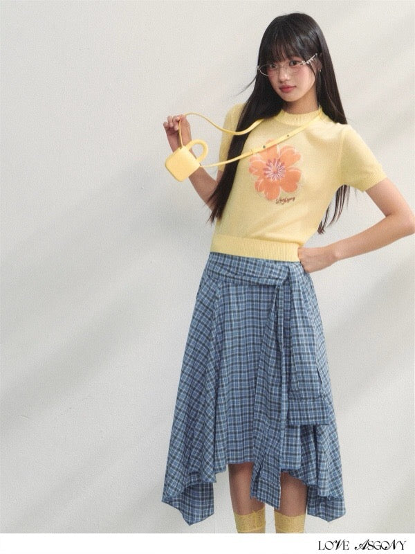 AsGony ASG25220 Embroidered flower round neck knitted top