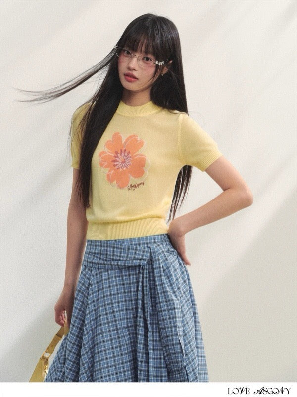 AsGony ASG25220 Embroidered flower round neck knitted top