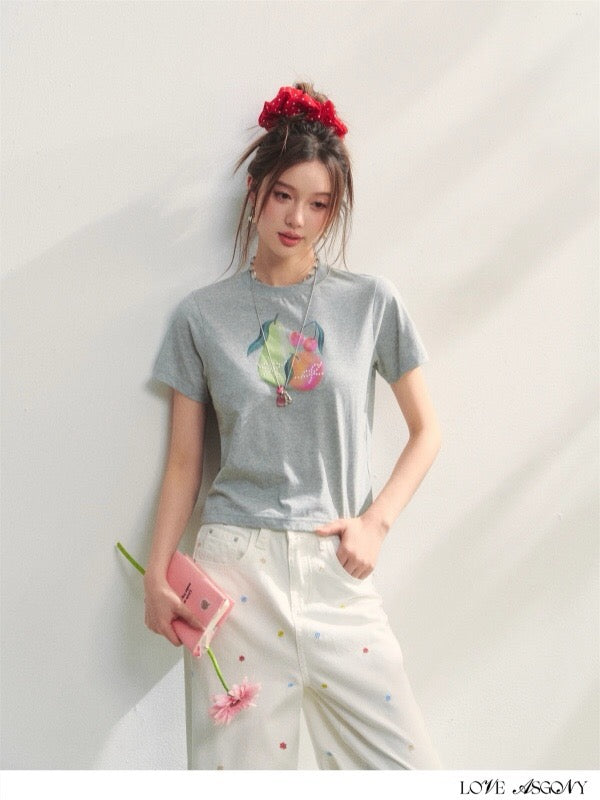 AsGony ASG25222 Fruit printed pearl decorative T-shirt