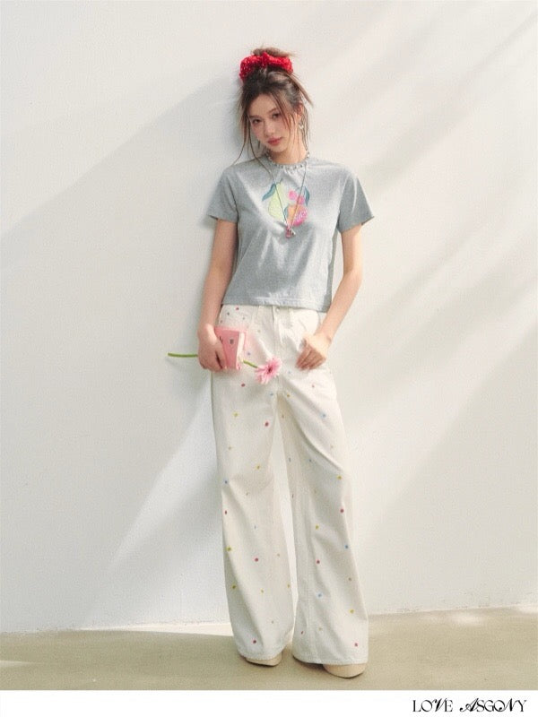 AsGony ASG25222 Fruit printed pearl decorative T-shirt