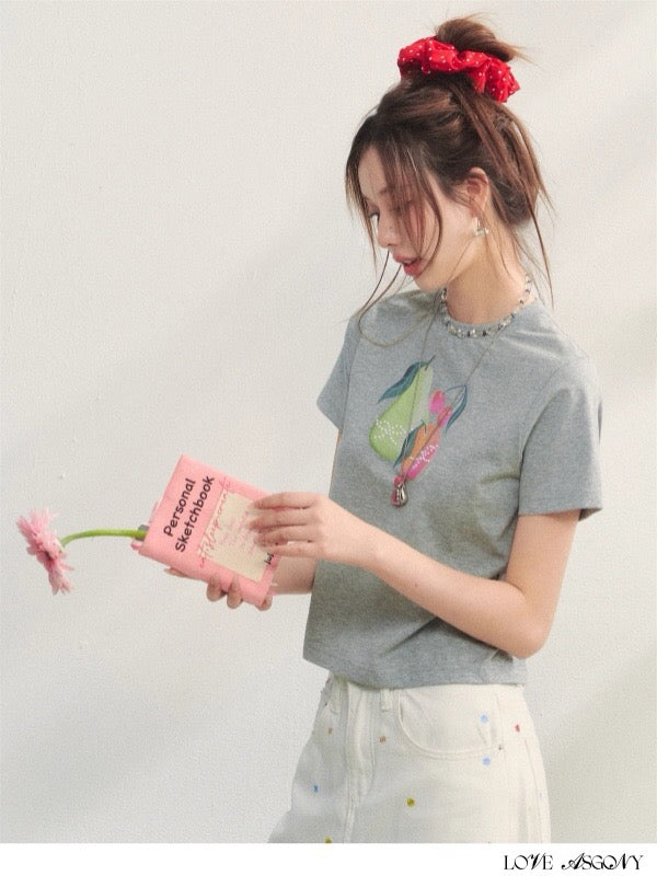 AsGony ASG25222 Fruit printed pearl decorative T-shirt