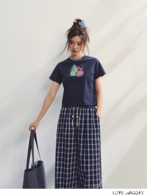 AsGony ASG25222 Fruit printed pearl decorative T-shirt