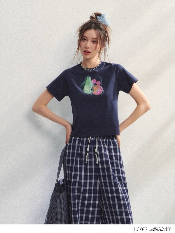 AsGony ASG25222 Fruit printed pearl decorative T-shirt