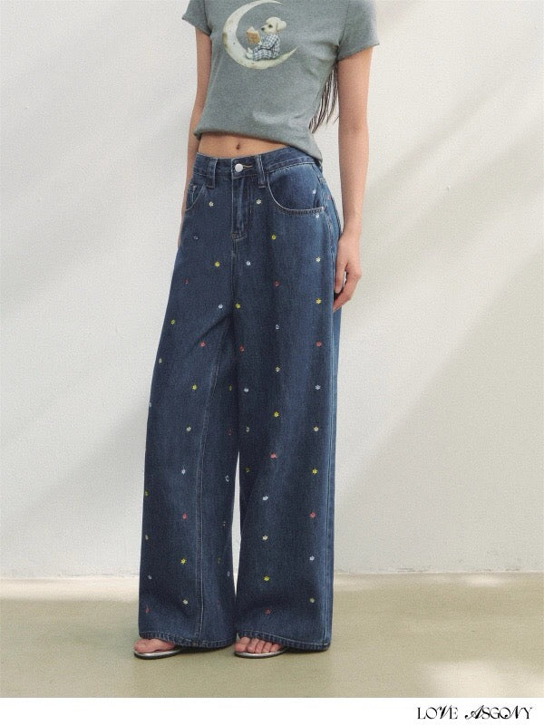 AsGony ASG25223 Embroidered wide leg jeans (2color)