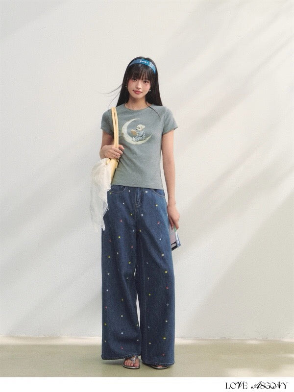 AsGony ASG25223 Embroidered wide leg jeans (2color)