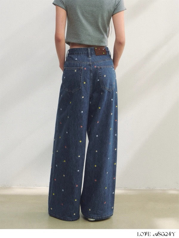 AsGony ASG25223 Embroidered wide leg jeans (2color)