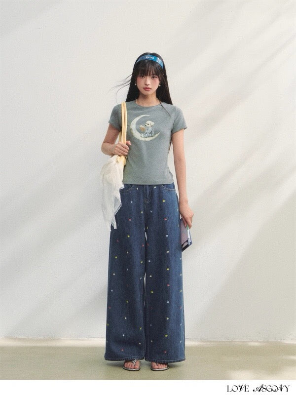 AsGony ASG25223 Embroidered wide leg jeans (2color)