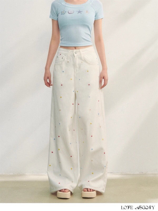 AsGony ASG25223 Embroidered wide leg jeans (2color)