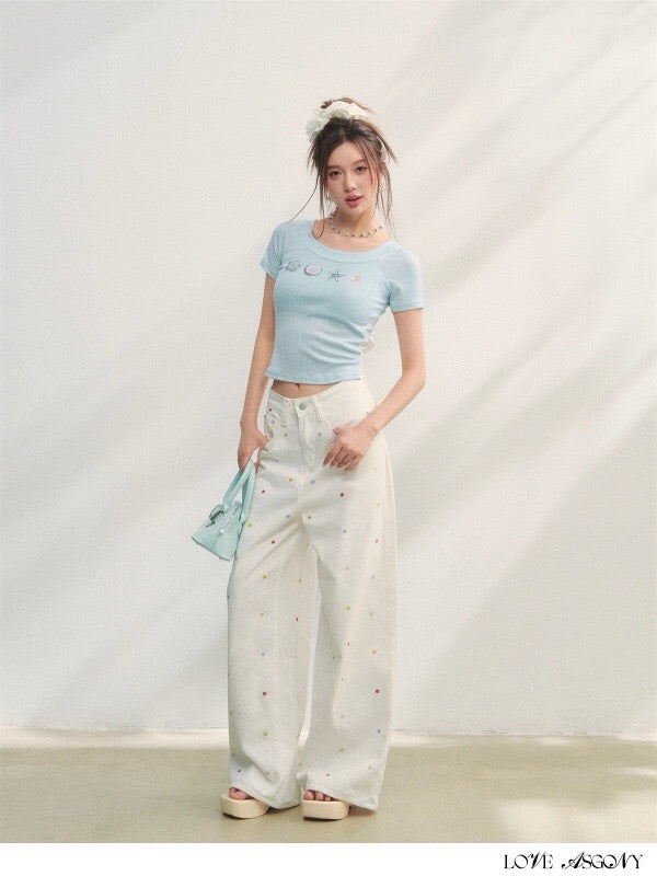 AsGony ASG25223 Embroidered wide leg jeans (2color)