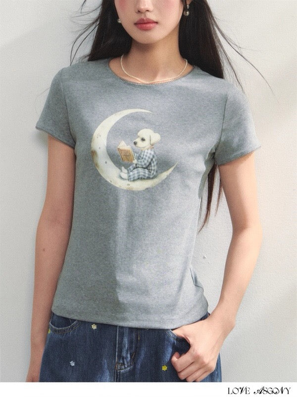 AsGony ASG25225 Moon puppy print slim fit short sleeved knitted T-shirt (2color)