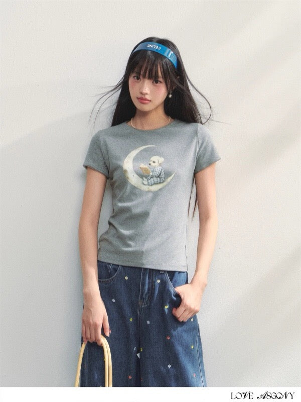 AsGony ASG25225 Moon puppy print slim fit short sleeved knitted T-shirt (2color)