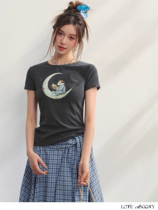 AsGony ASG25225 Moon puppy print slim fit short sleeved knitted T-shirt (2color)