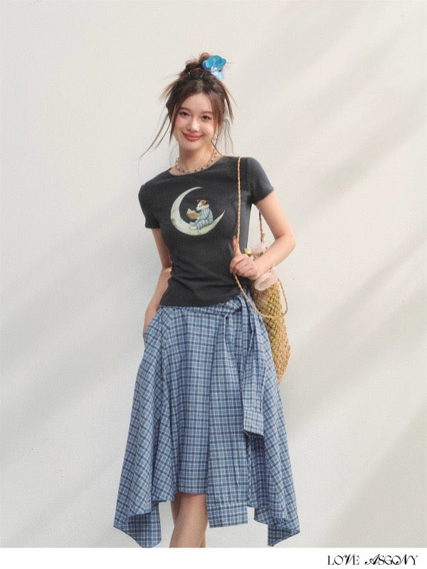 AsGony ASG25225 Moon puppy print slim fit short sleeved knitted T-shirt (2color)