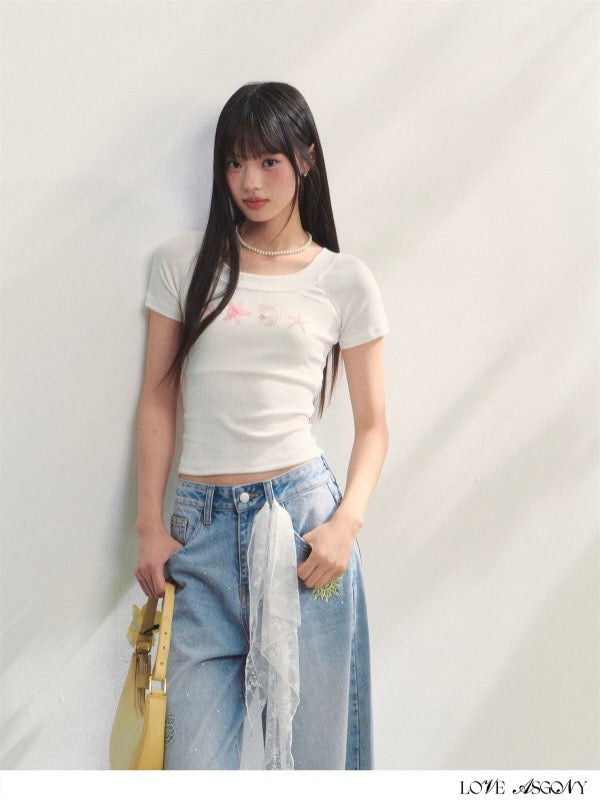 AsGony ASG25237 Embroidered slim fit T-shirt (2color)