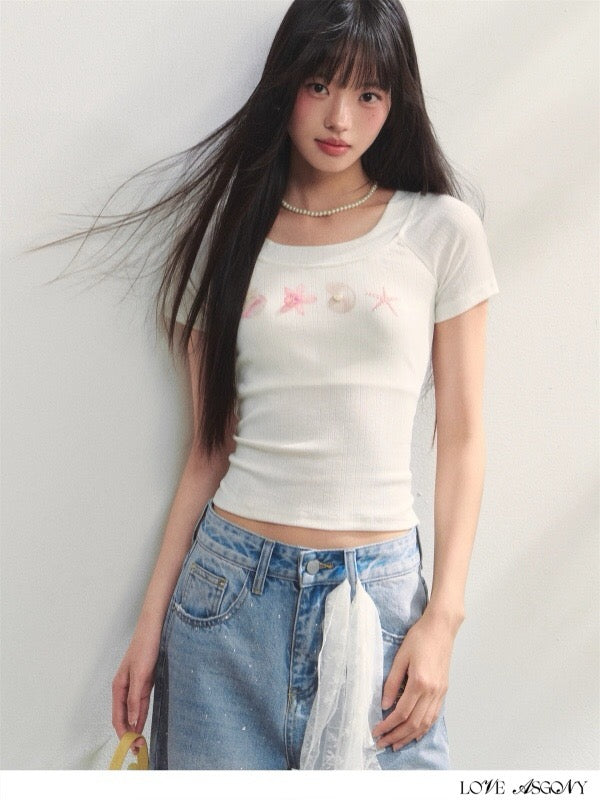 AsGony ASG25237 Embroidered slim fit T-shirt (2color)