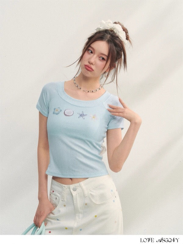 AsGony ASG25237 Embroidered slim fit T-shirt (2color)