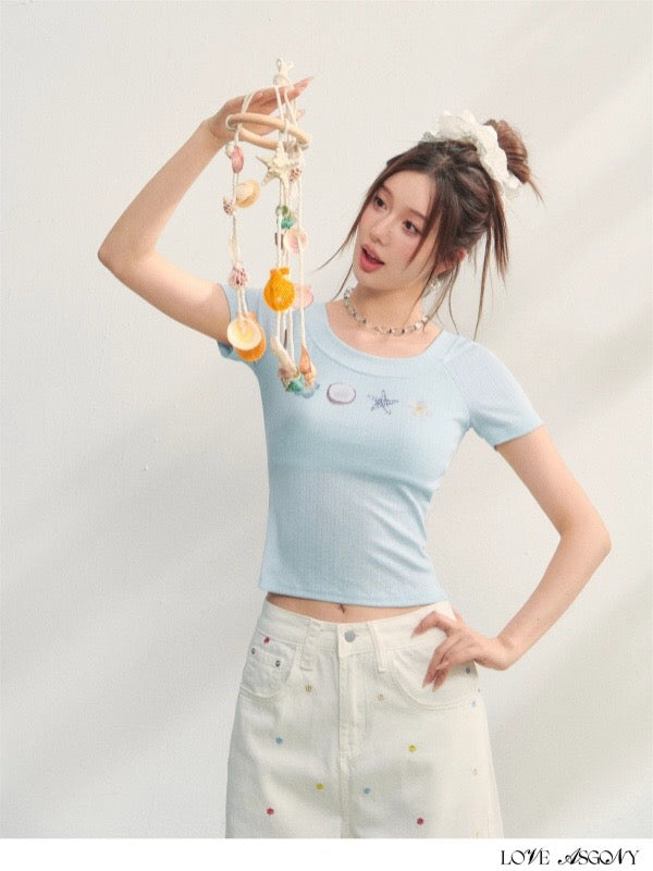 AsGony ASG25237 Embroidered slim fit T-shirt (2color)