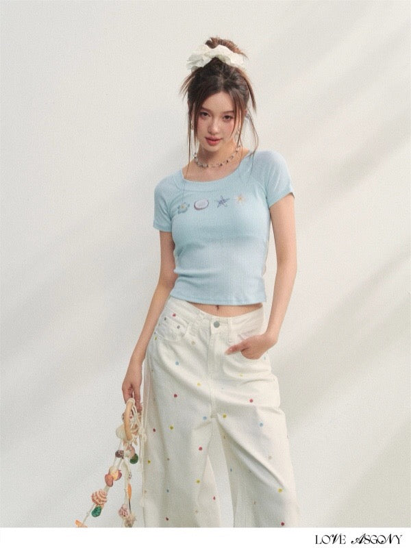 AsGony ASG25237 Embroidered slim fit T-shirt (2color)