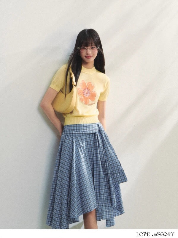 AsGony ASG25242 Blue checkered irregular skirt