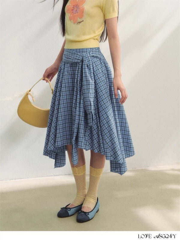 AsGony ASG25242 Blue checkered irregular skirt