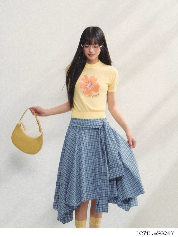 AsGony ASG25242 Blue checkered irregular skirt