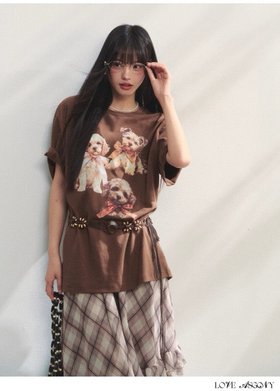 AsGony ASG25186 Bow dog printed loose T-shirt (2color)