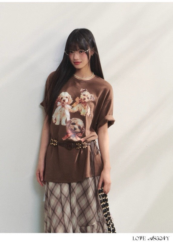 AsGony ASG25186 Bow dog printed loose T-shirt (2color)