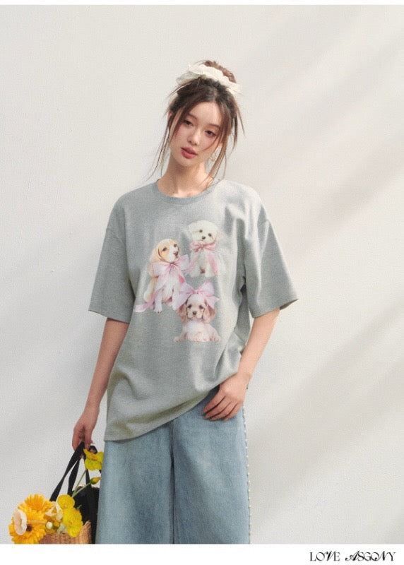 AsGony ASG25186 Bow dog printed loose T-shirt (2color)