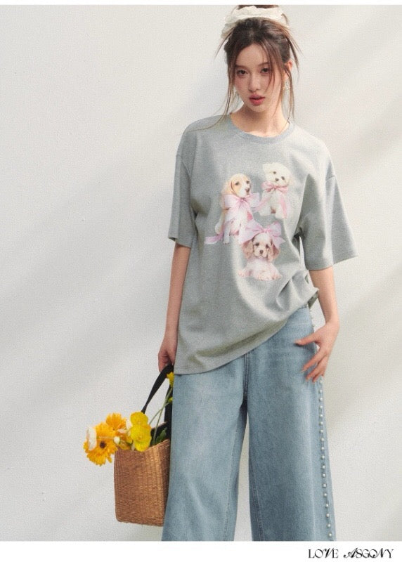 AsGony ASG25186 Bow dog printed loose T-shirt (2color)
