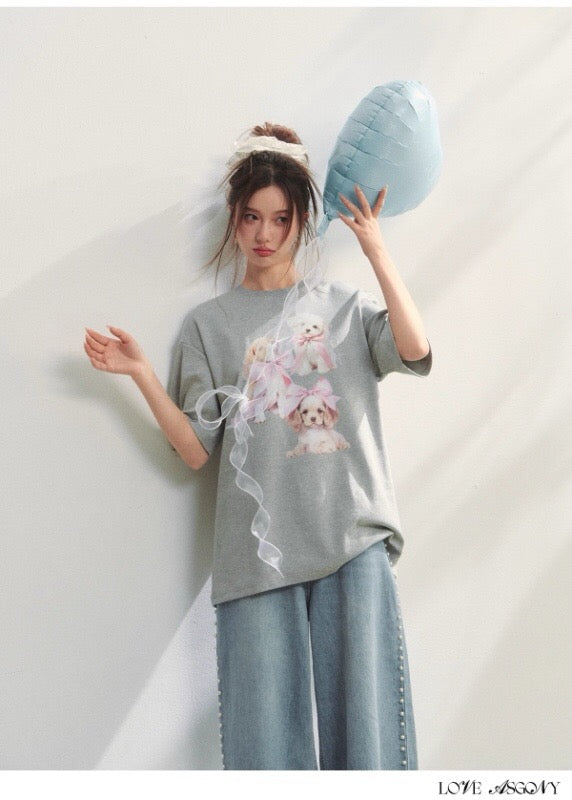AsGony ASG25186 Bow dog printed loose T-shirt (2color)