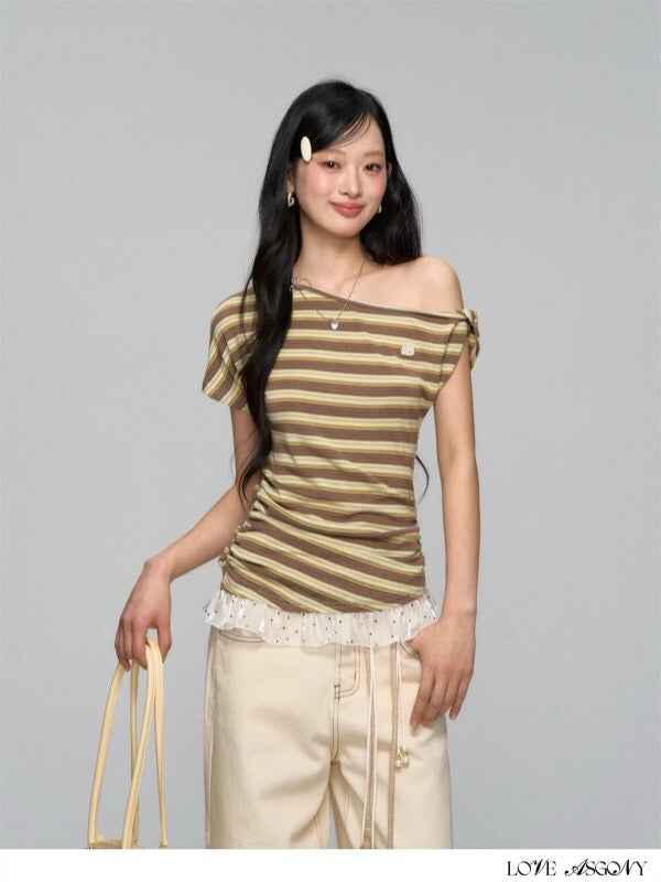 AsGony ASG25133 Striped patchwork one shoulder T-shirt