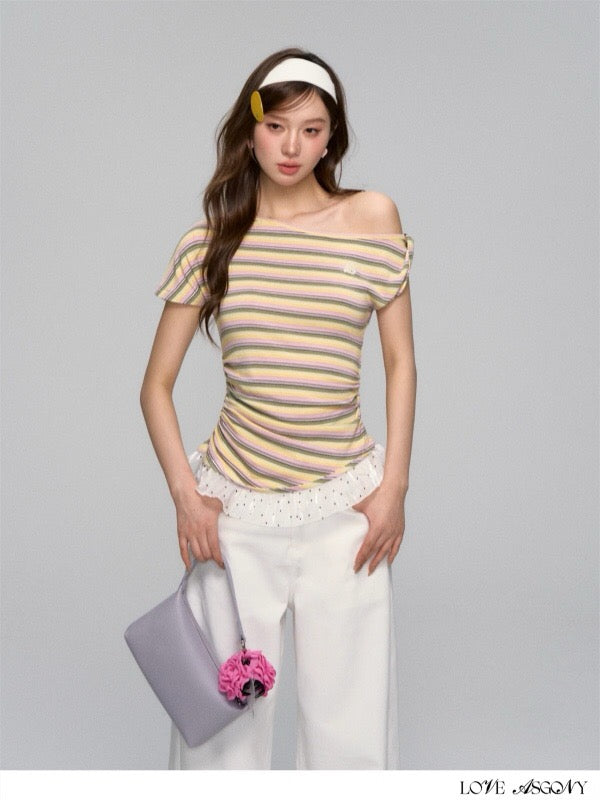 AsGony ASG25133 Striped patchwork one shoulder T-shirt