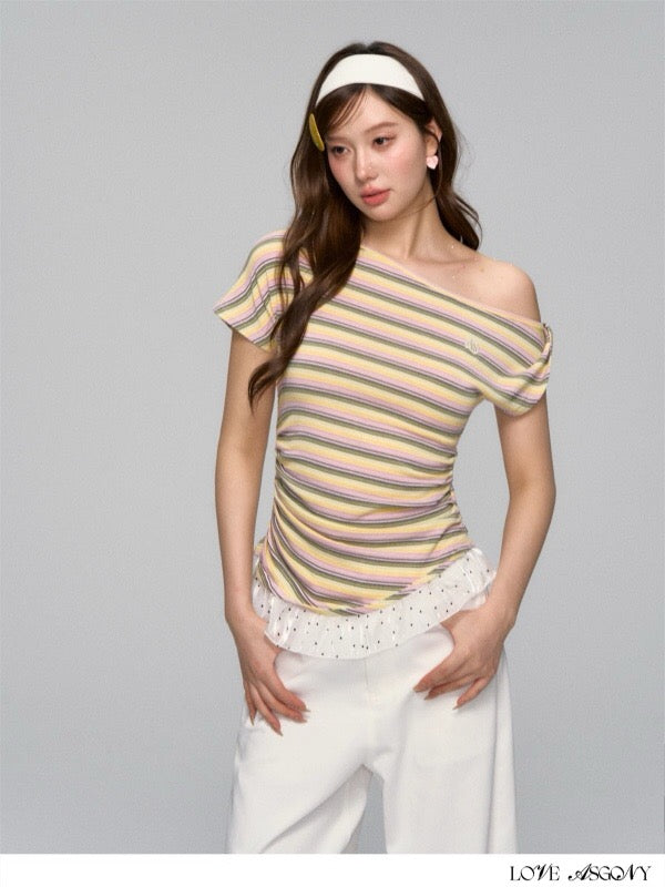 AsGony ASG25133 Striped patchwork one shoulder T-shirt