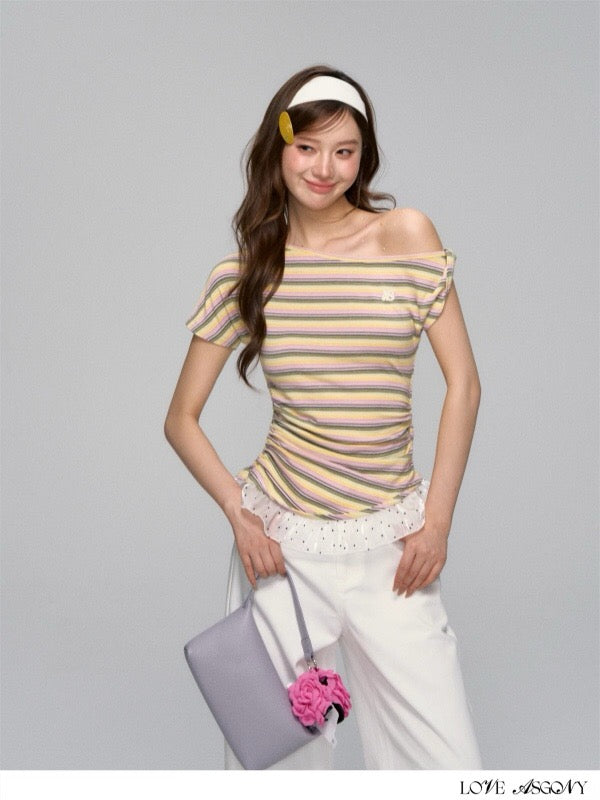 AsGony ASG25133 Striped patchwork one shoulder T-shirt