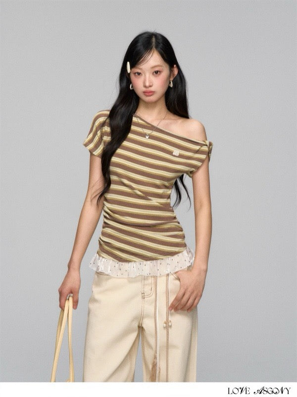 AsGony ASG25133 Striped patchwork one shoulder T-shirt