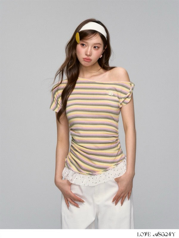 AsGony ASG25133 Striped patchwork one shoulder T-shirt
