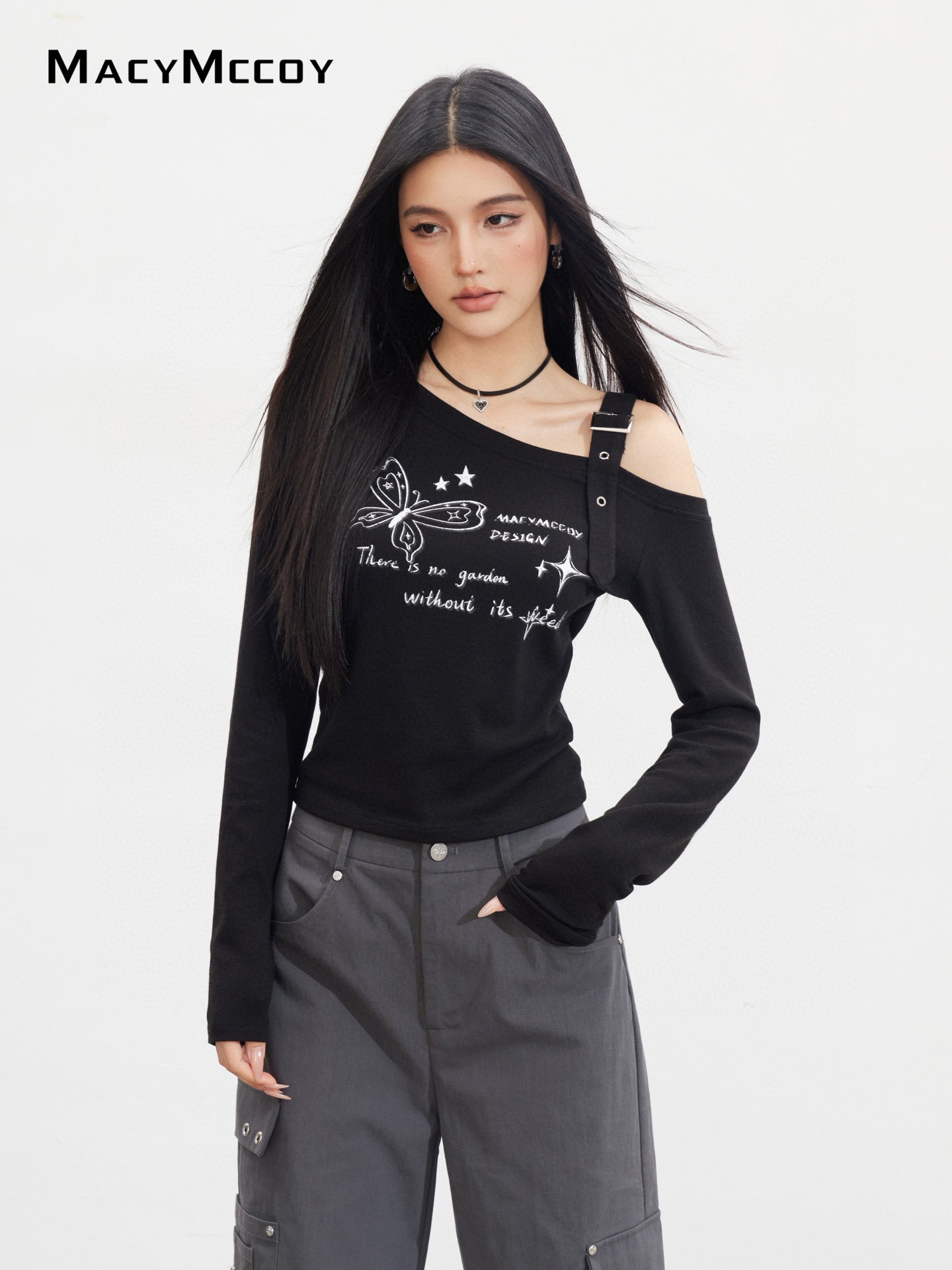 MacyMccoy MMC2025133 Butterfly printed off shoulder long sleeved T-shirt