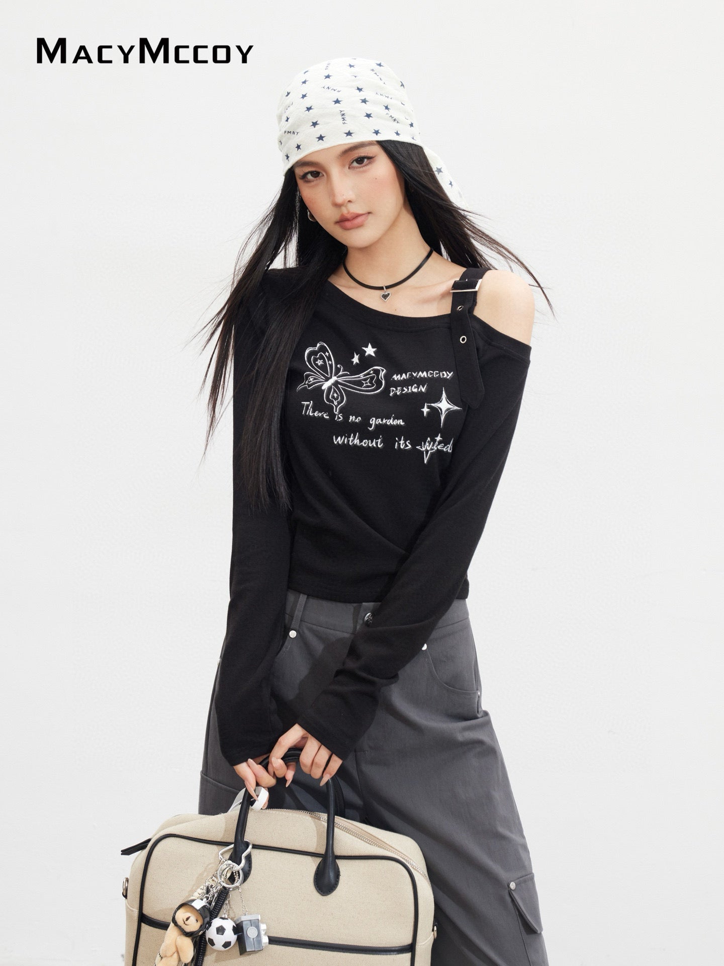 MacyMccoy MMC2025133 Butterfly printed off shoulder long sleeved T-shirt