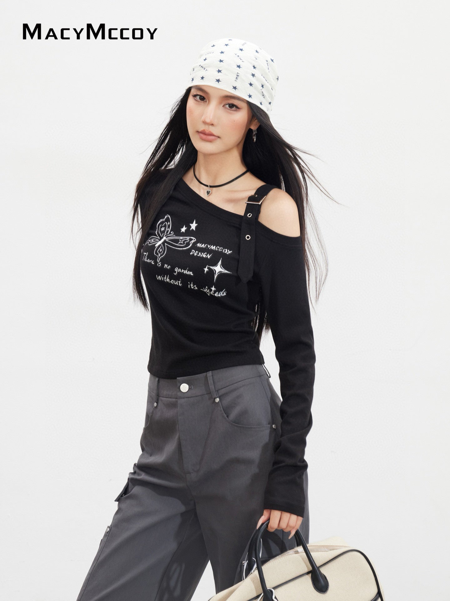 MacyMccoy MMC2025133 Butterfly printed off shoulder long sleeved T-shirt