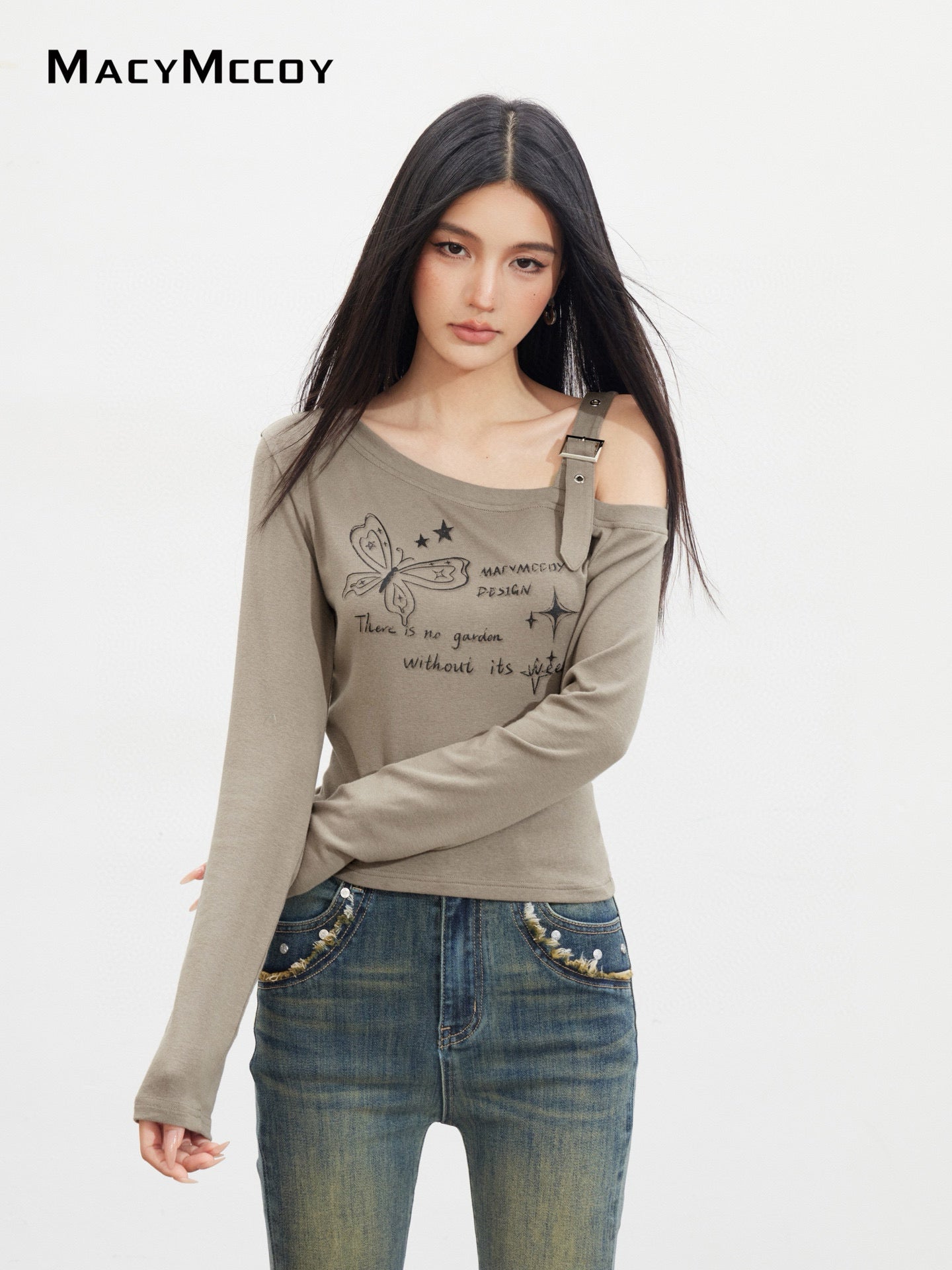 MacyMccoy MMC2025133 Butterfly printed off shoulder long sleeved T-shirt