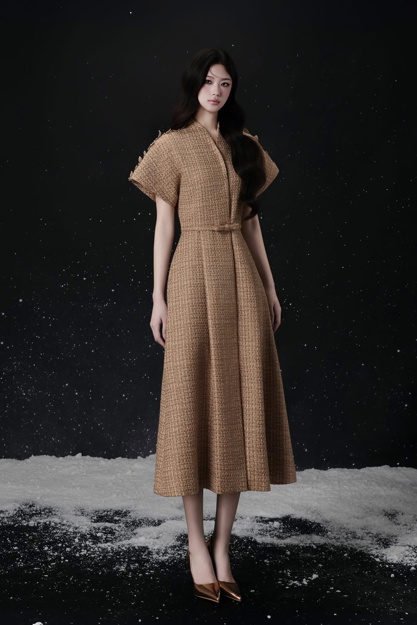 Raffiné ELLE BUTTERFLY SHOULDER WRAP MIDI DRESS (BROWN)