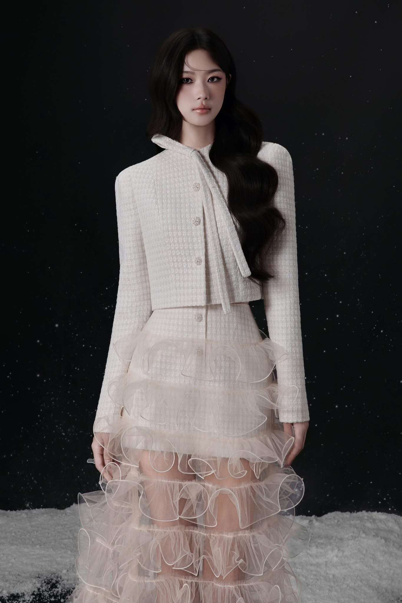 Raffiné ECLAT BOW NECK TWEED CROPPED JACKET & MINI SKIRT & MAXI SKIRT SET (WHITE)