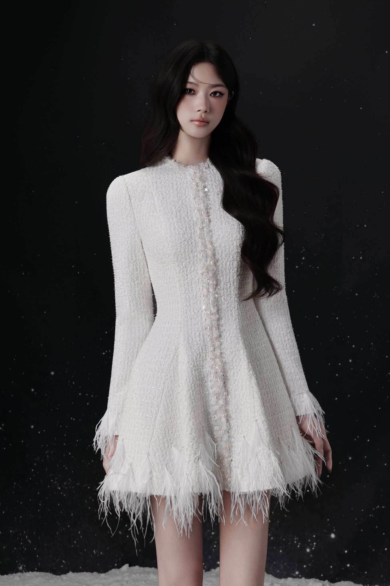 Raffiné LUSTRE FEATHER HEM TWEED MINI DRESS