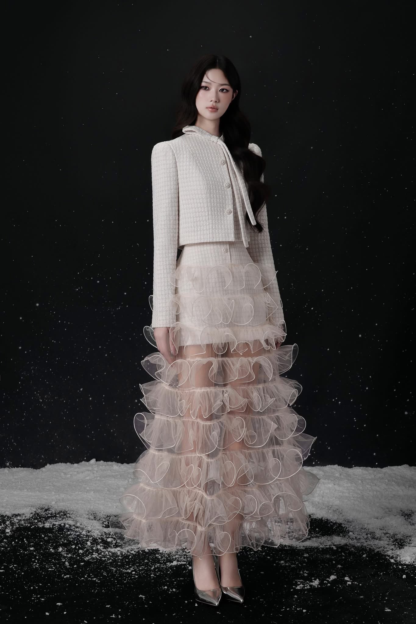 Raffiné ECLAT BOW NECK TWEED CROPPED JACKET & MINI SKIRT & MAXI SKIRT SET (WHITE)